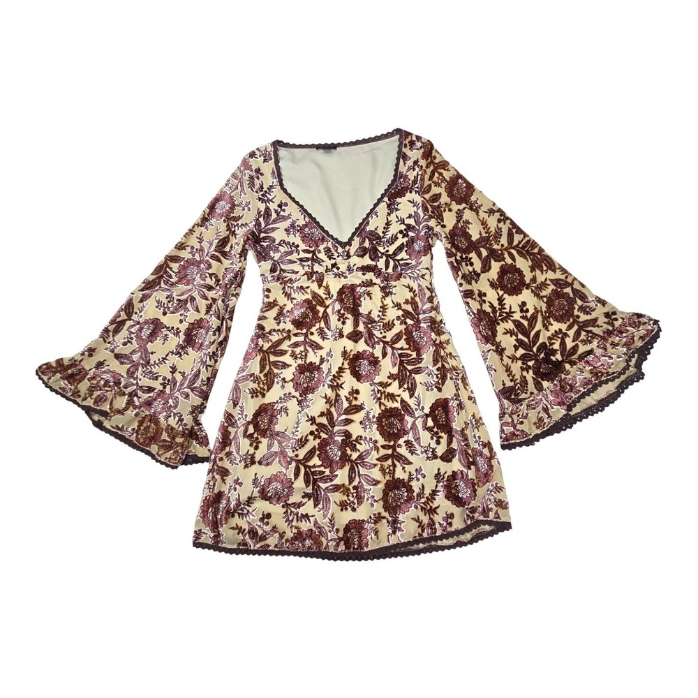 Nasty Gal Burnout Velvet Floral Mini Dress Burgundy Bell Sleeve Boho V-Neck US 2
